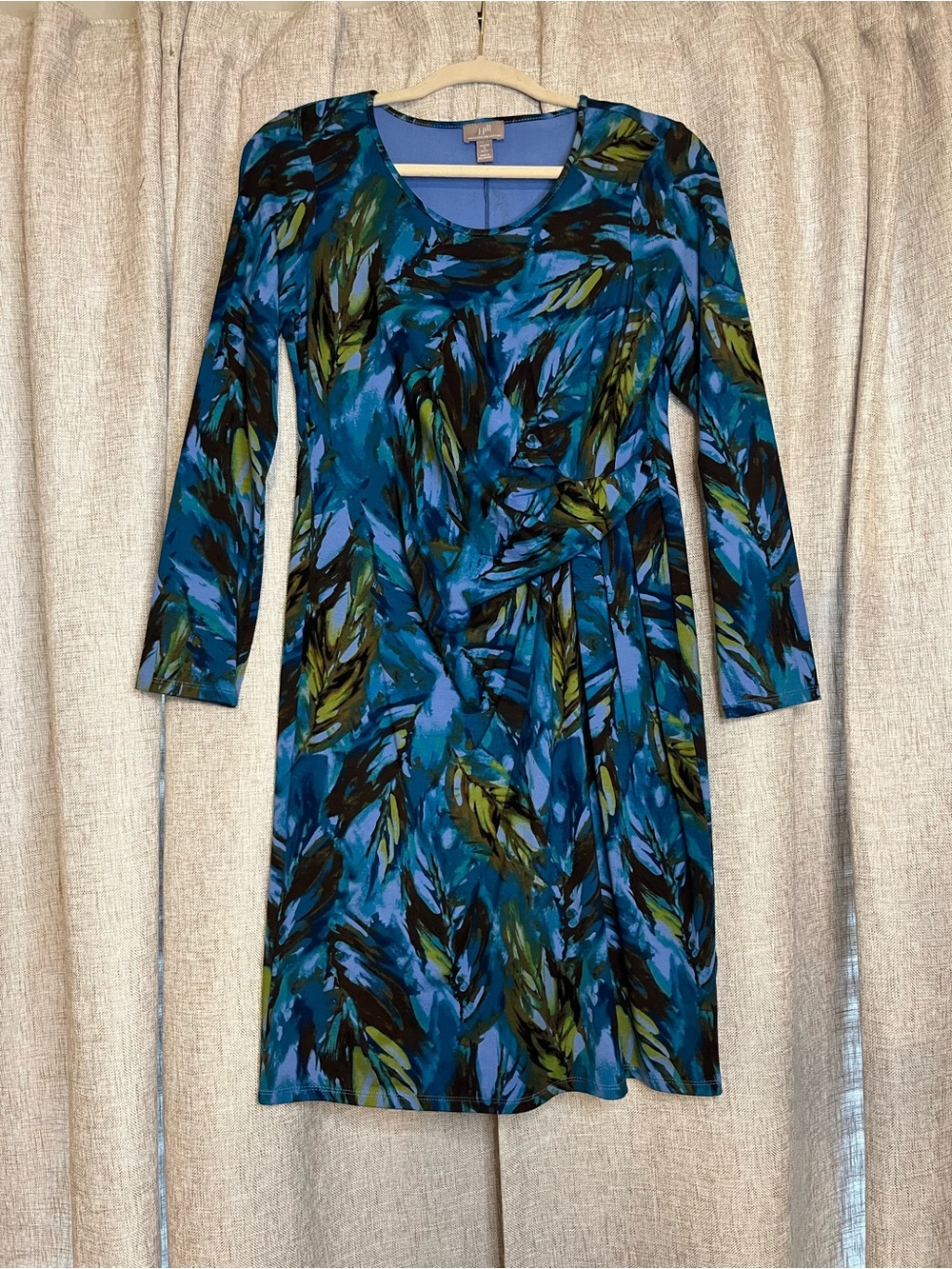 Jill Wearever Blue Green Feather Print Faux Wrap Dress Small